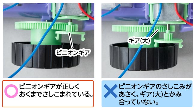 ピニオンギアをモーターじくに正しく取りつけているかたしかめよう